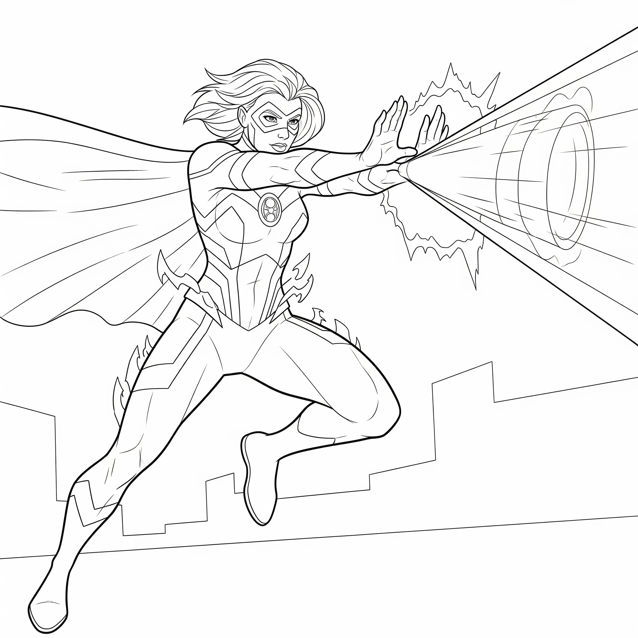 Superheroína en pose de acción lanzando un rayo de energía