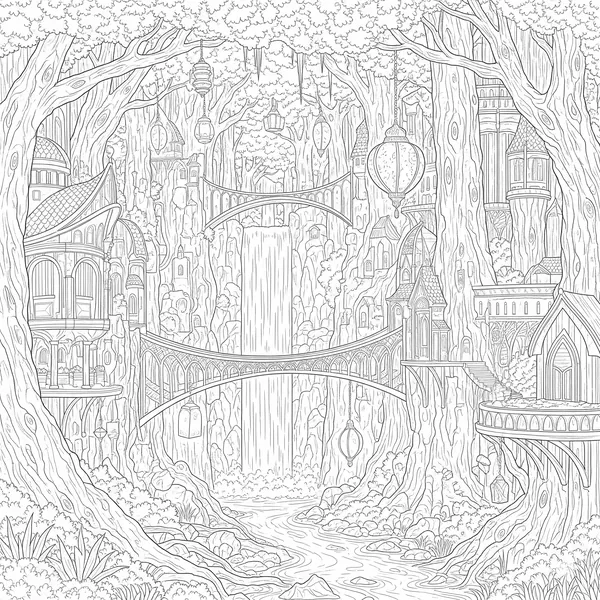 Elven city landscape with detailed buildings and bridges in a forest