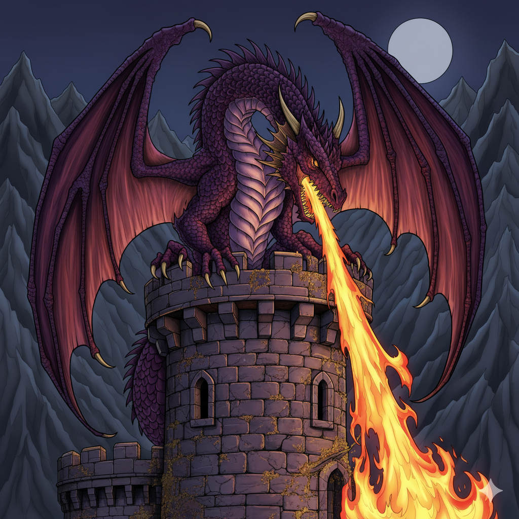 Dragón coloreado en tonos oscuros con fuego naranja brillante