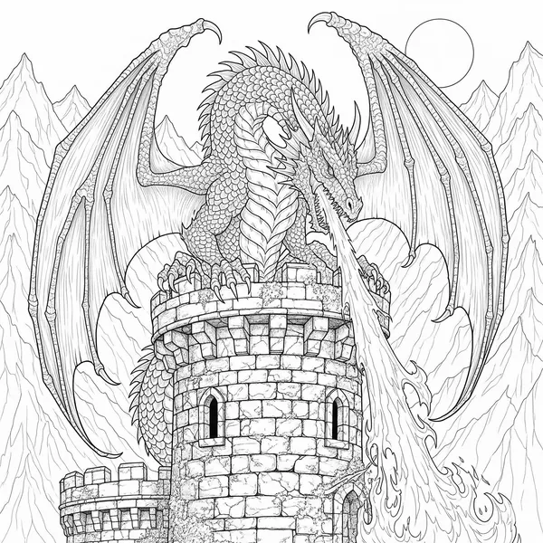 Highly detailed dragon with scales and wings breathing fire on a castle