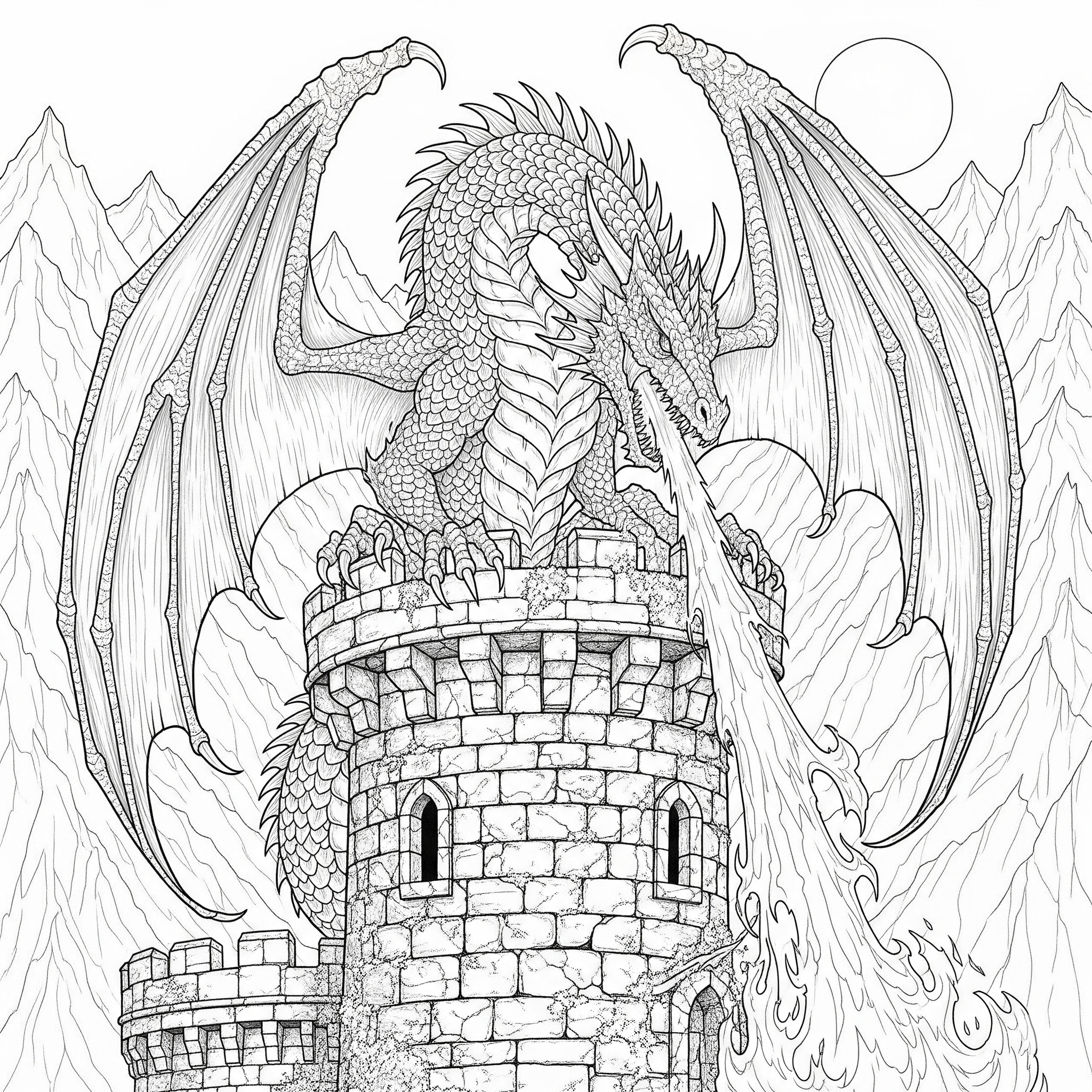 Dragón muy detallado con escamas y alas, escupiendo fuego sobre un castillo