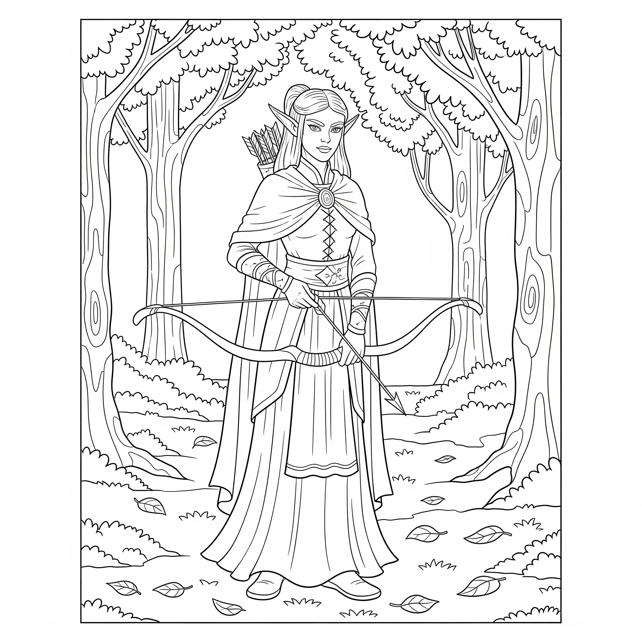 Elfo con orejas puntiagudas y un arco, en un entorno de bosque