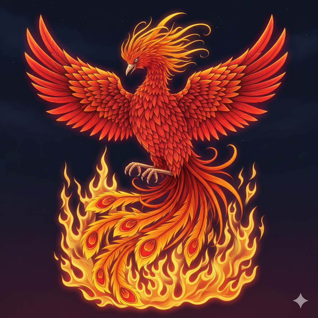 Fénix coloreado con una explosión de rojos, naranjas y amarillos
