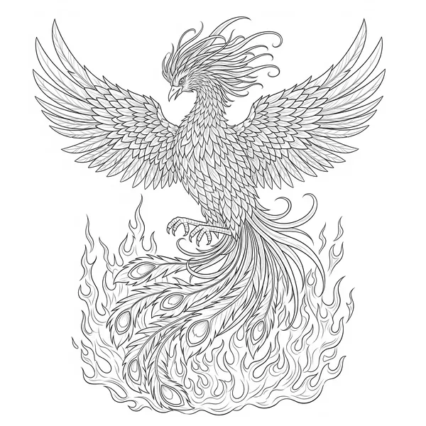Phoenix with detailed plumage surrounded by flames