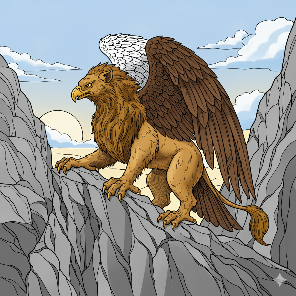 Grifo coloreado con cuerpo dorado de león y cabeza blanca de águila