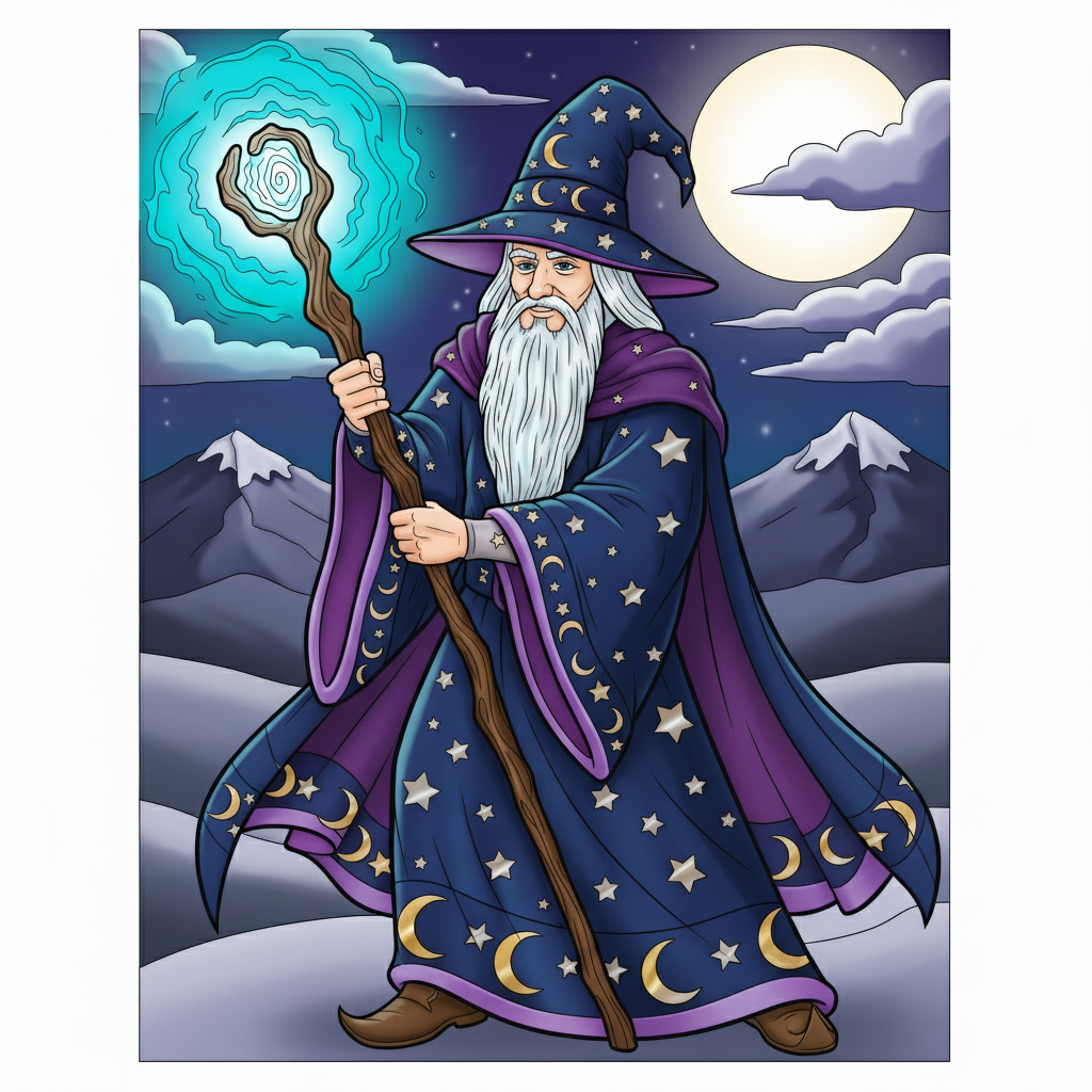 Mago coloreado con túnica azul oscuro y efectos de magia amarillos