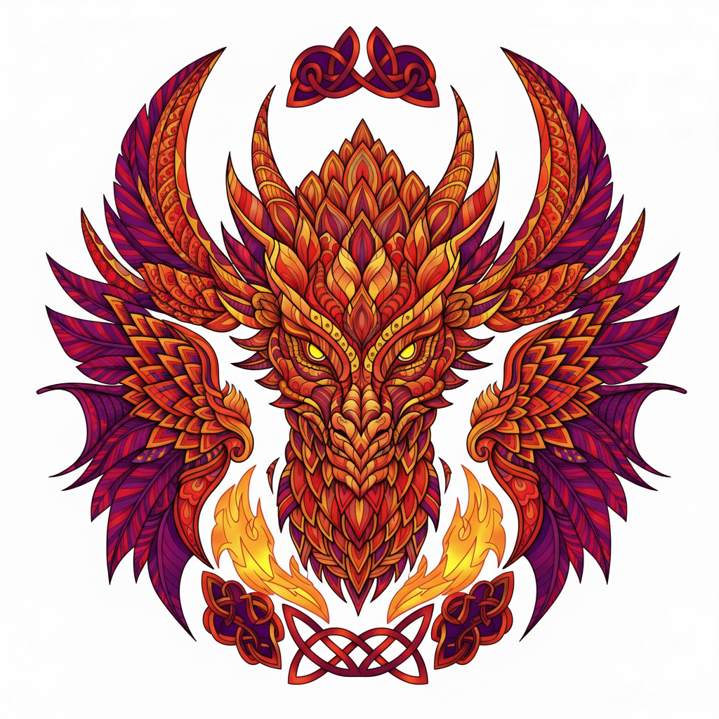 Mandala de dragón coloreado con una paleta de colores de fuego