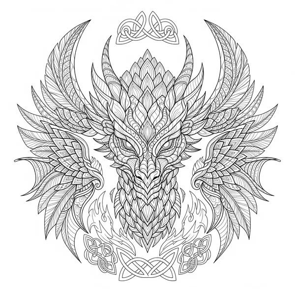 Dragon head inside a symmetrical mandala with scale patterns