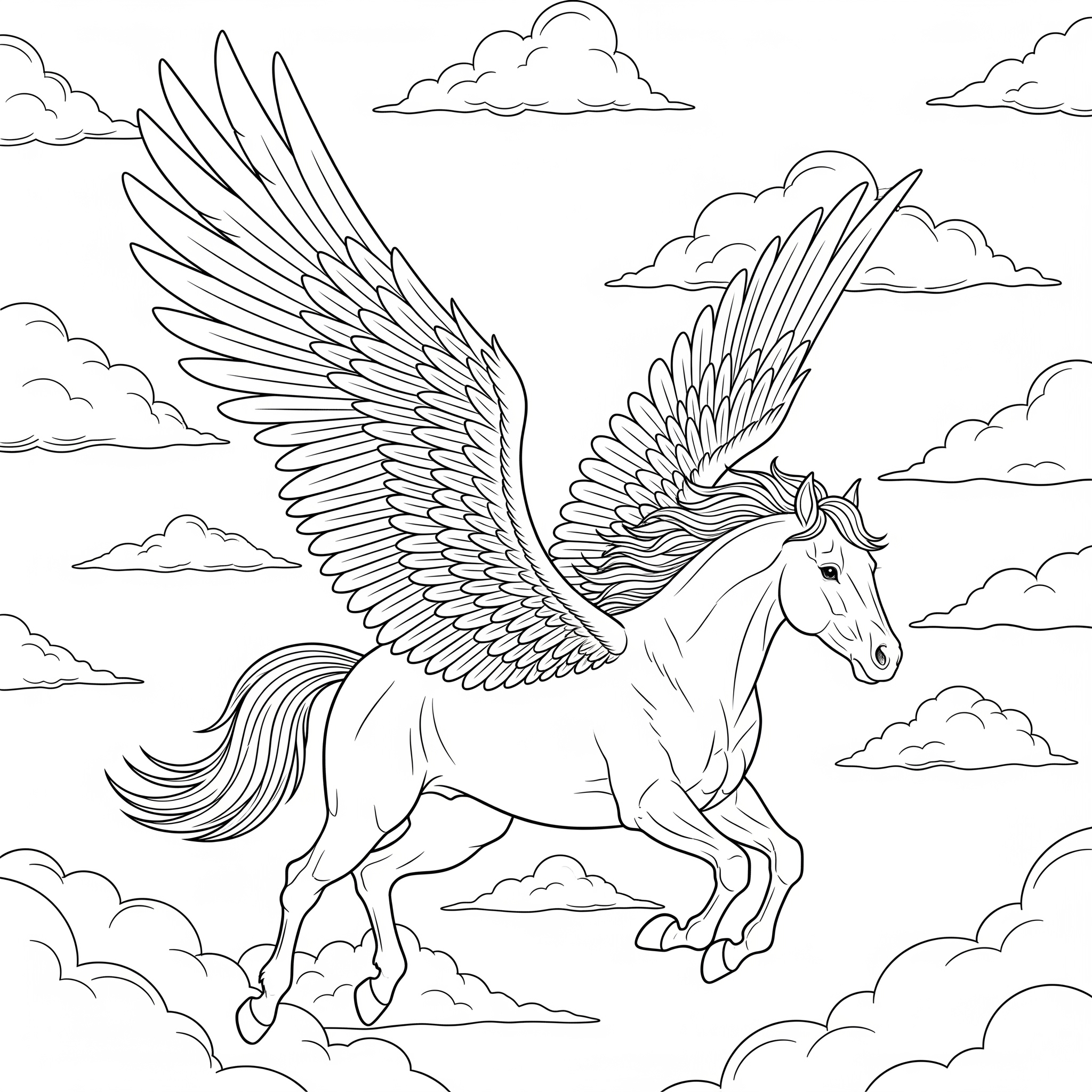 Caballo con grandes alas de plumas volando entre las nubes
