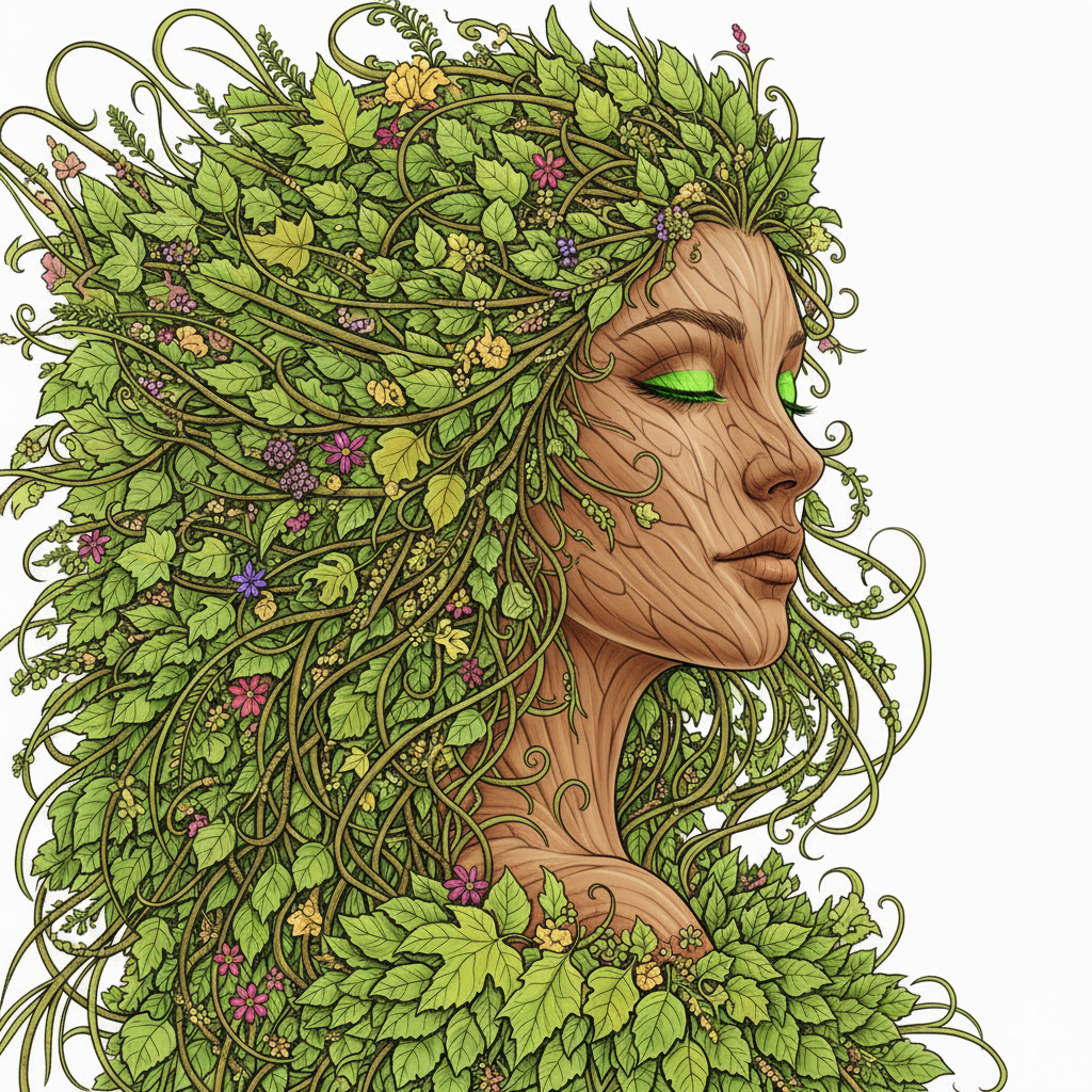 Dríade coloreada con tonos de piel de madera y cabello verde