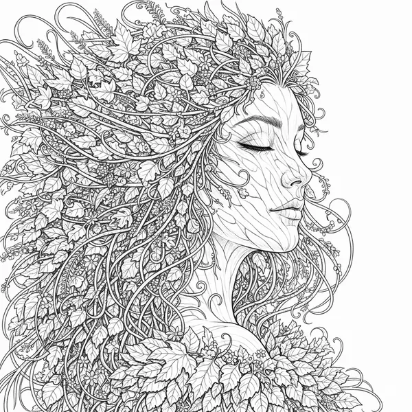 Portrait of a forest nymph with leaf, flower and bark details