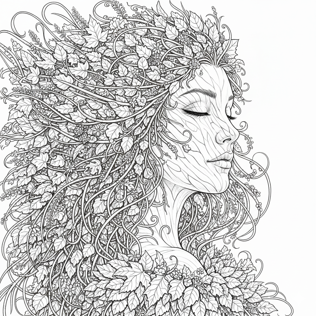 Retrato de una ninfa del bosque con detalles de hojas, flores y corteza