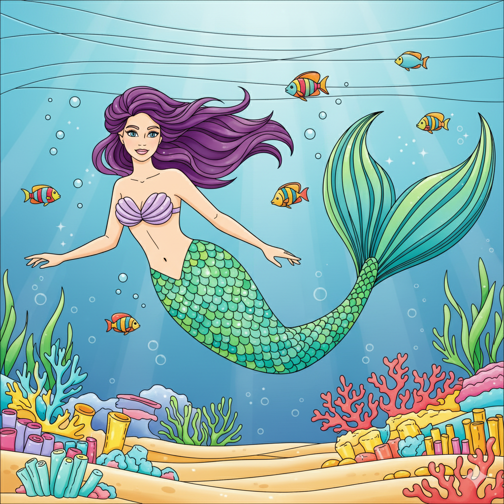 Sirena coloreada con cola verde iridiscente y cabello rojo