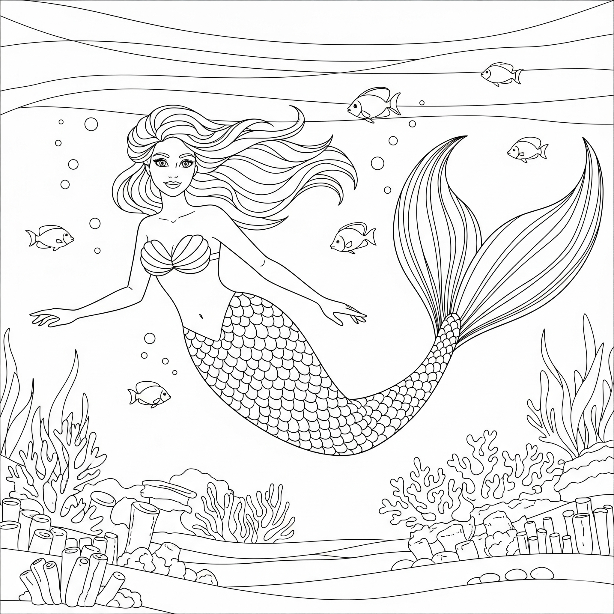 Sirena con cabello largo nadando, con detalles de escamas en la cola