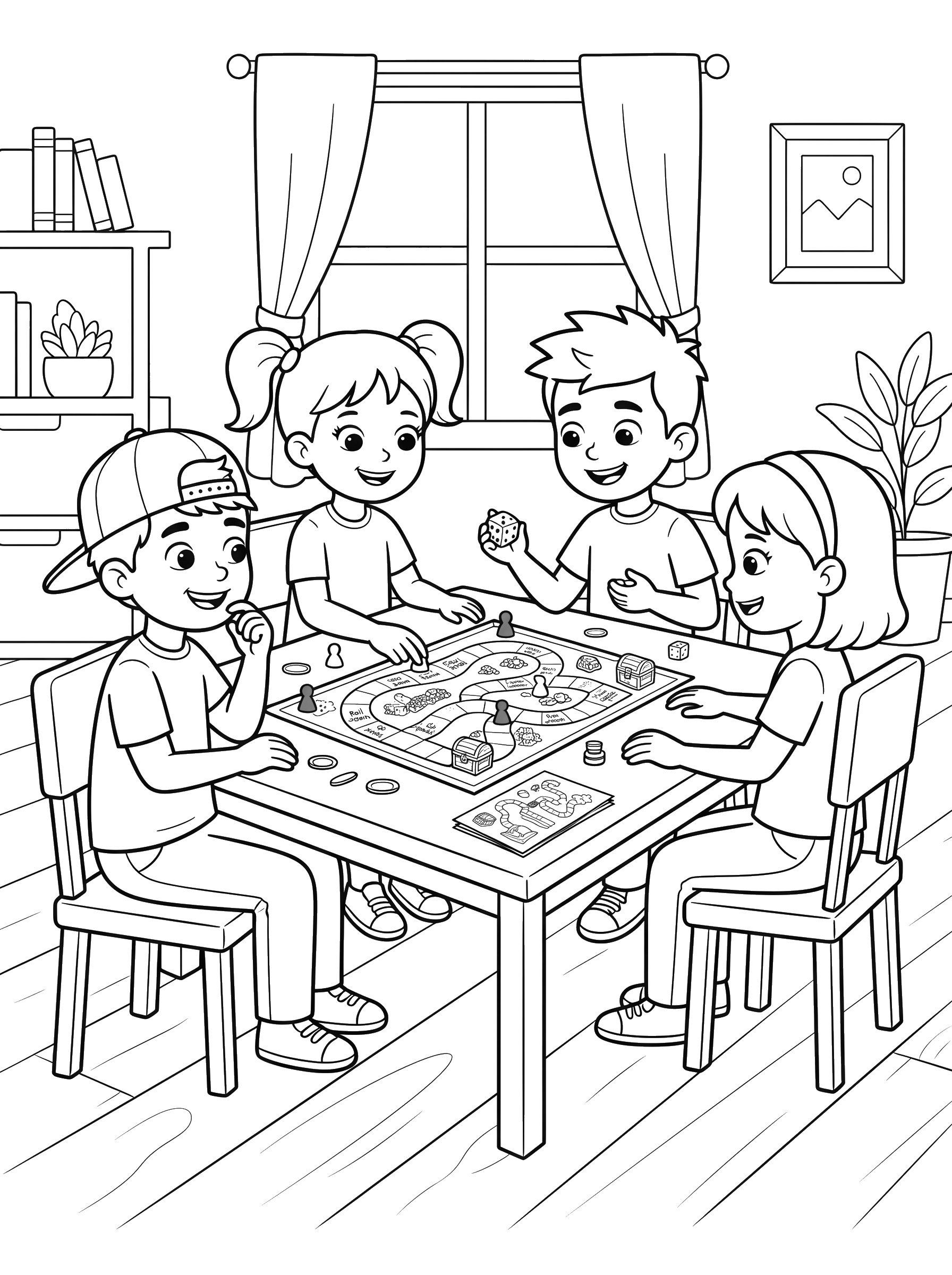 Kids Playing a Board Game coloring page