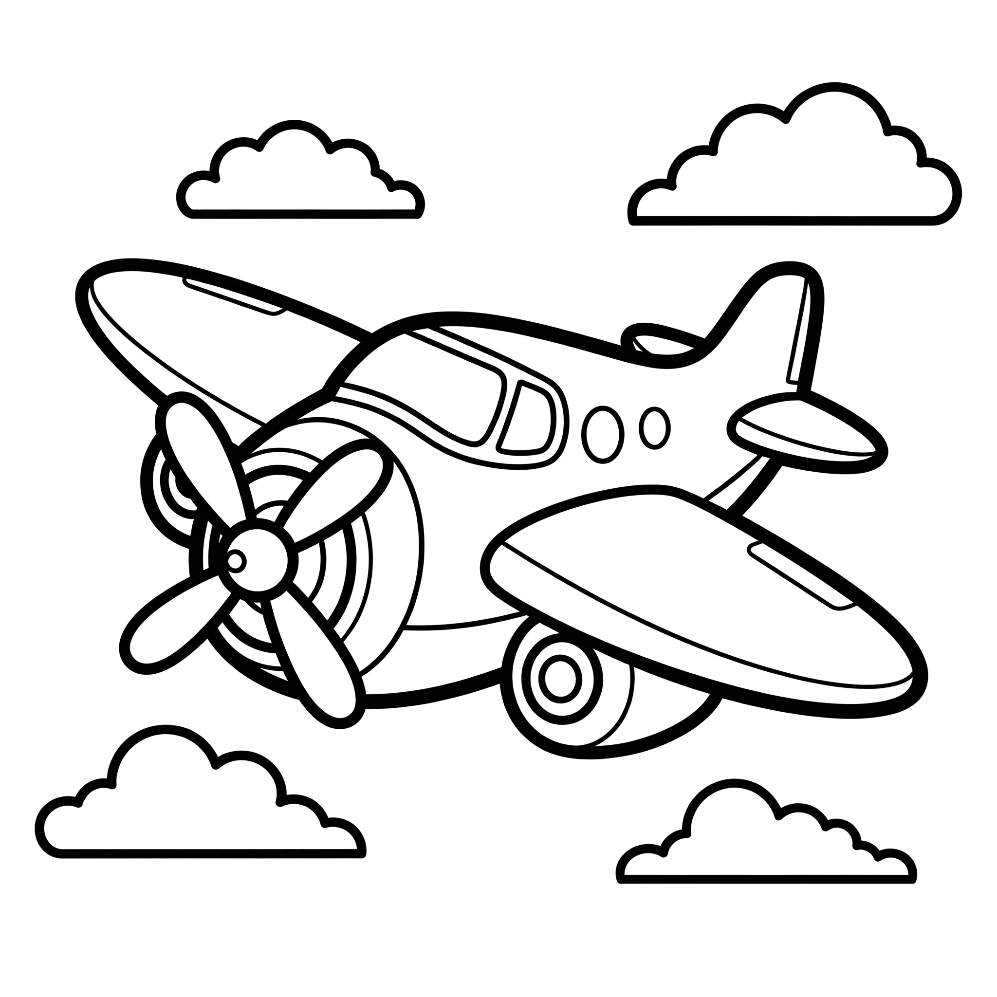 Avión de caricatura con hélice, volando entre nubes simples