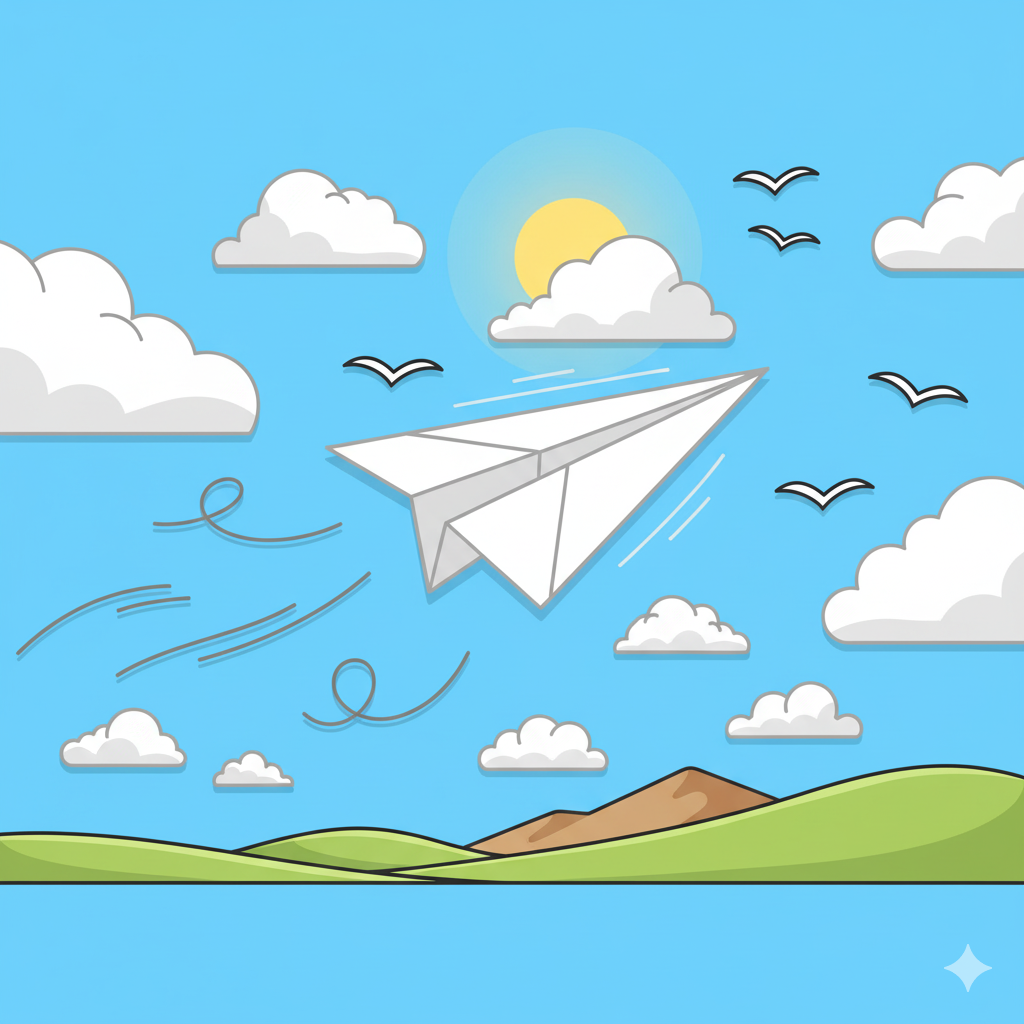 Avión de papel coloreado con cielo azul y nubes blancas