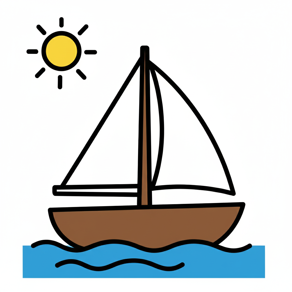 Barco coloreado con casco marrón, vela blanca y mar azul