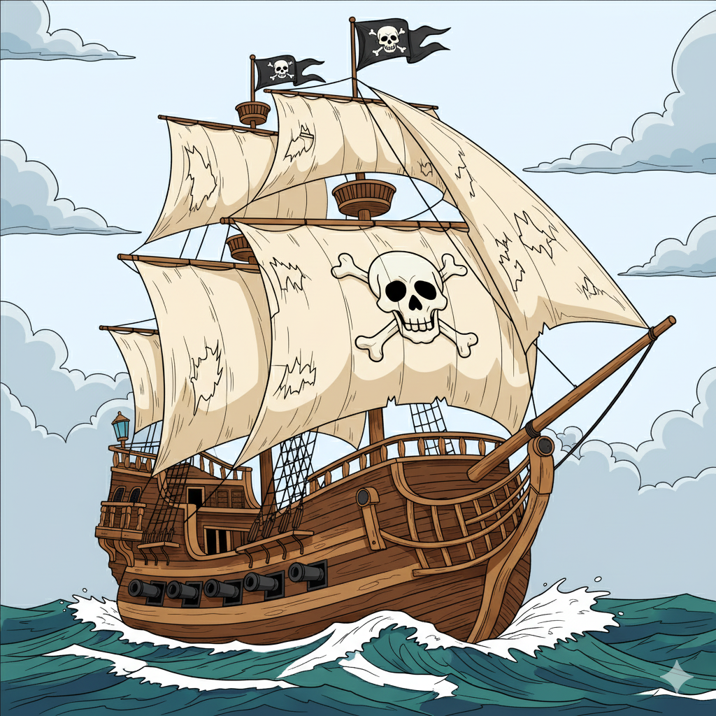 Barco pirata coloreado con maderas oscuras y velas rasgadas