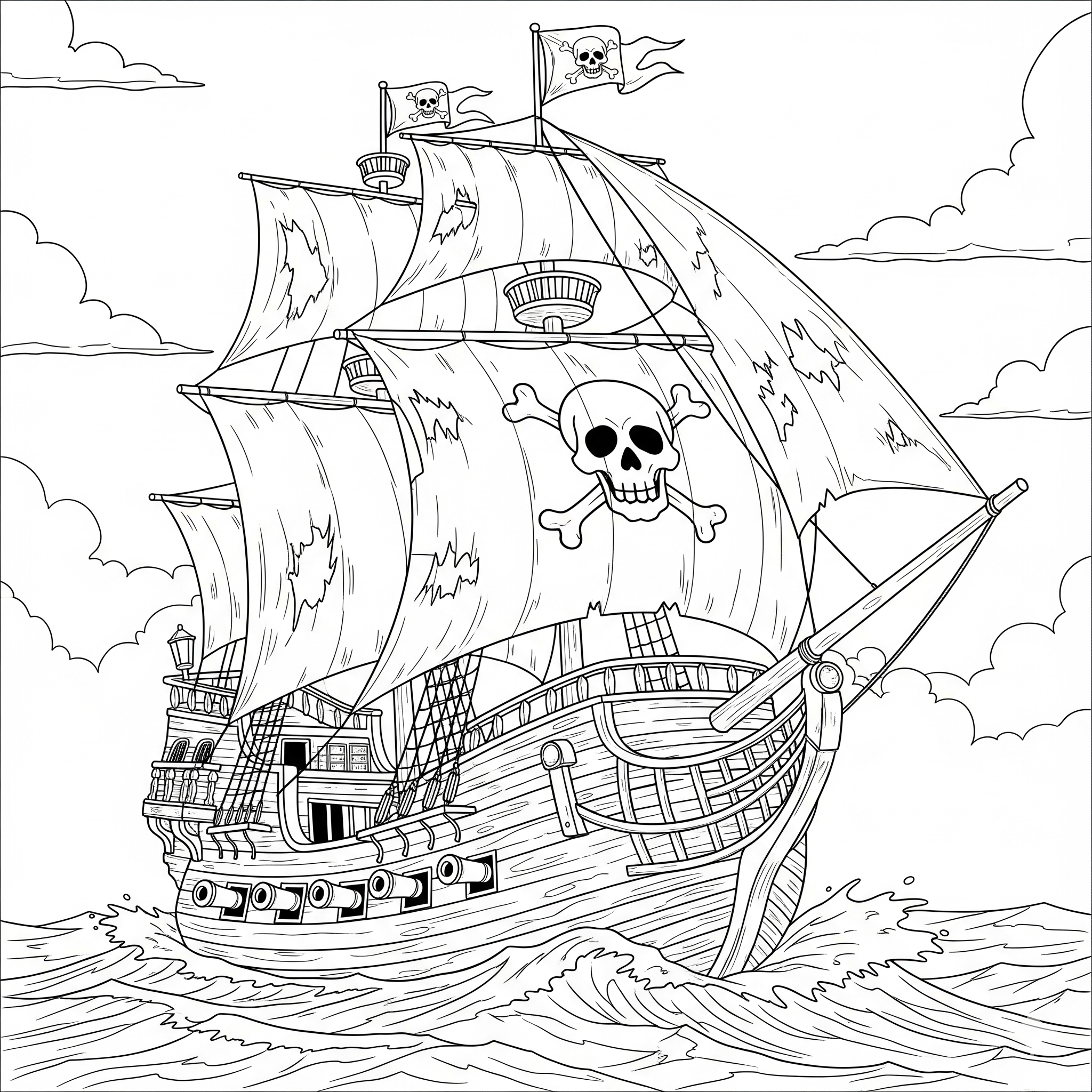 Barco pirata con velas, cañones y bandera de calavera, para colorear