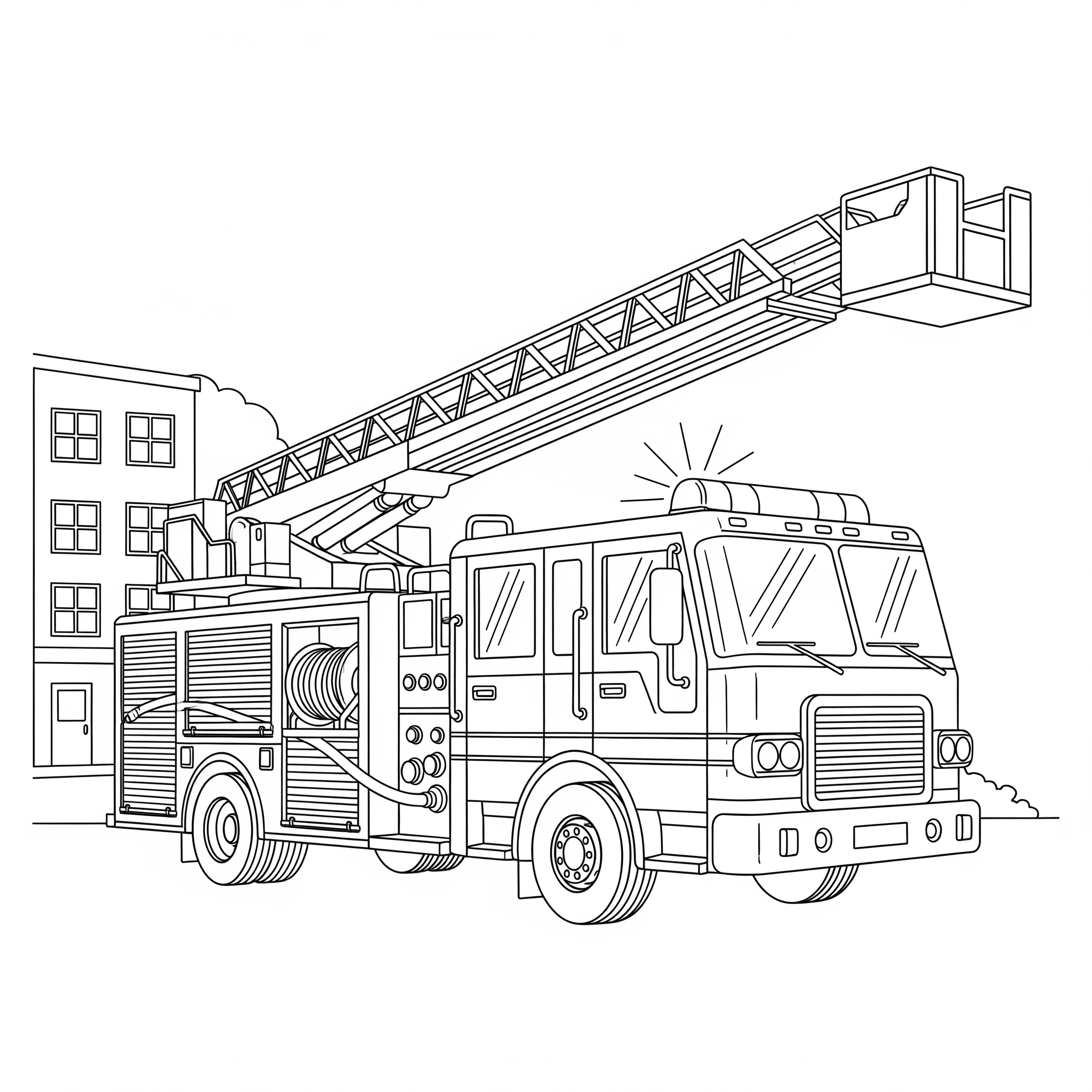 Camión de bomberos con escalera y equipo, para colorear
