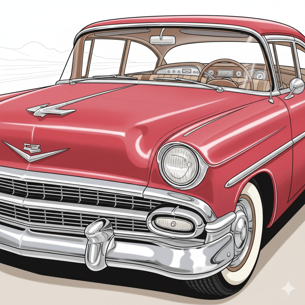 Coche clásico coloreado en un tono pastel con reflejos cromados