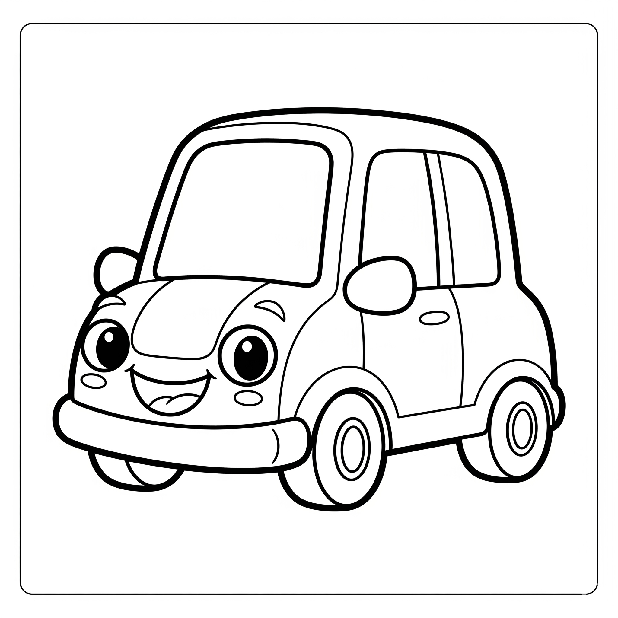 Coche de caricatura con ojos y sonrisa, contornos gruesos