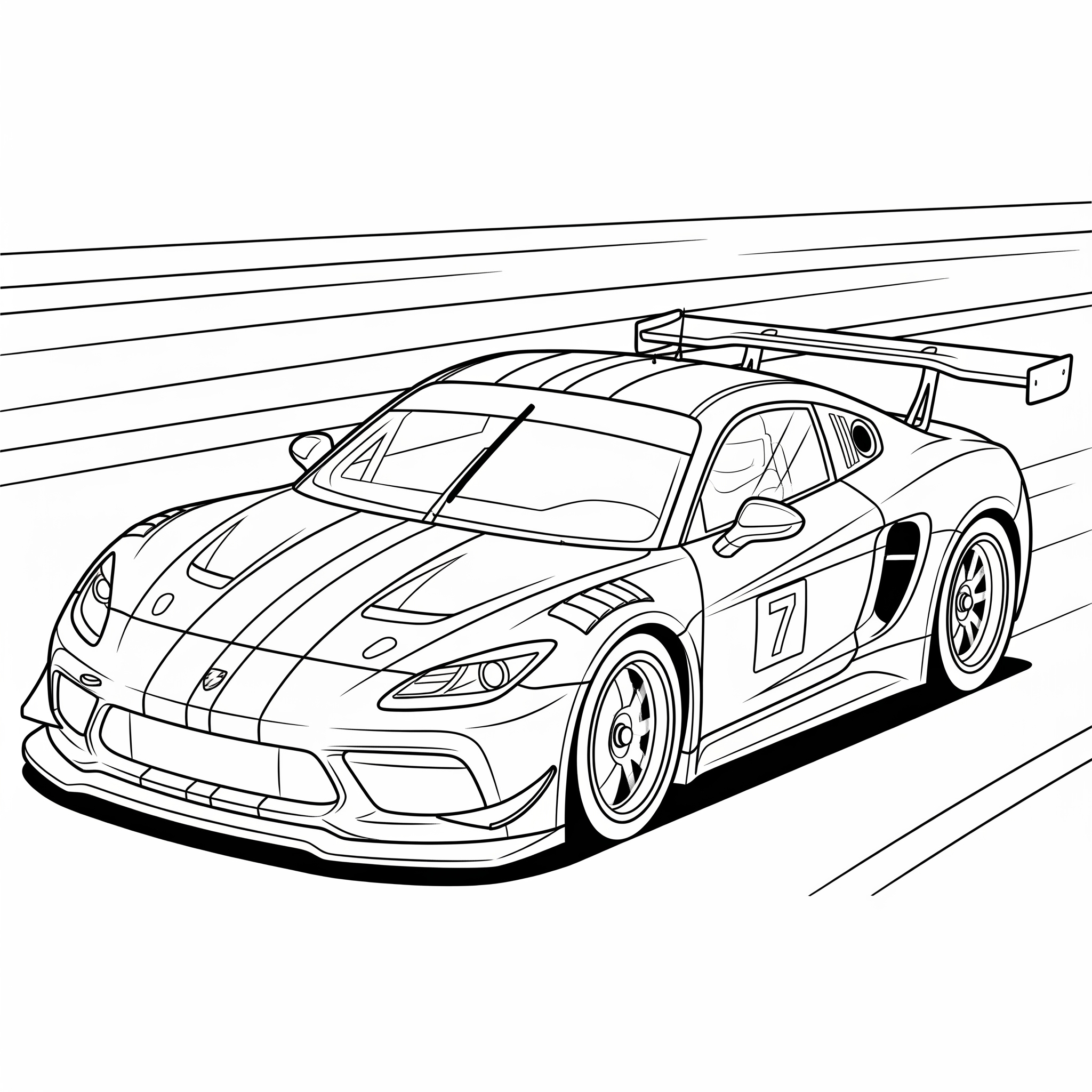 Coche de carreras con alerón y detalles, para colorear