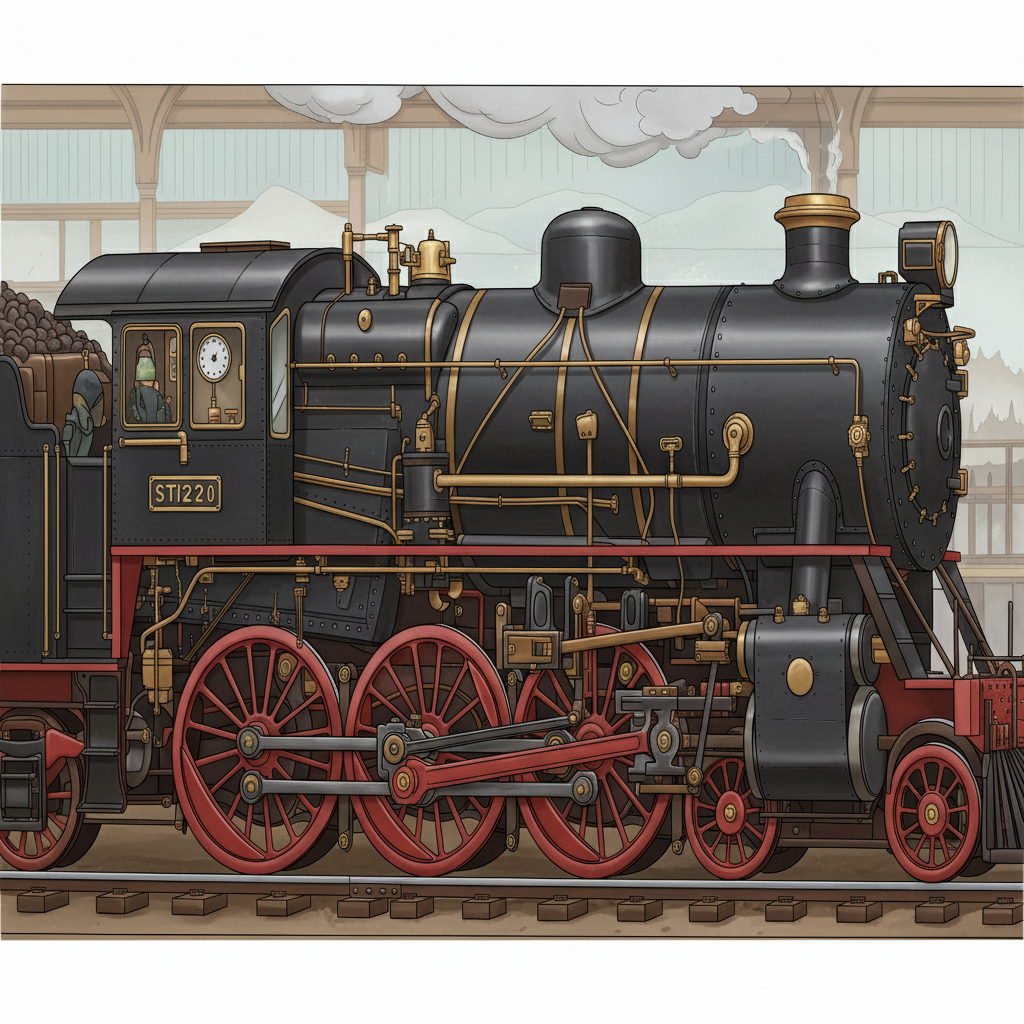 Locomotora coloreada en negro metálico con detalles en latón y rojo