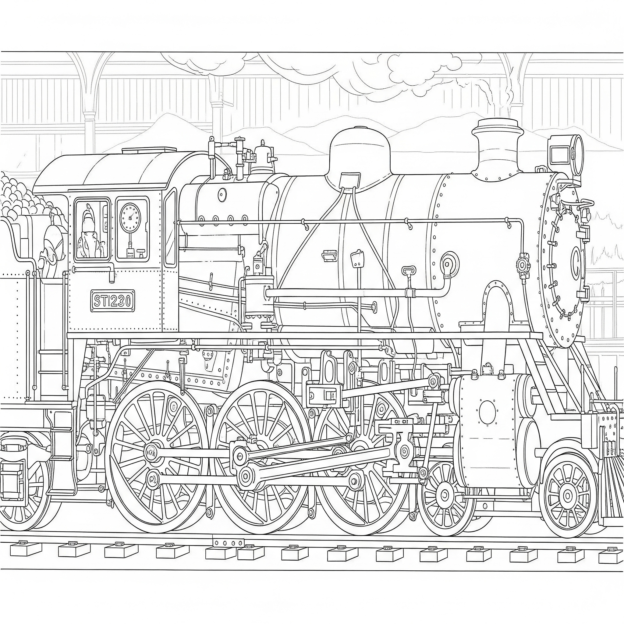 Locomotora de vapor con mecanismo de ruedas detallado, para colorear