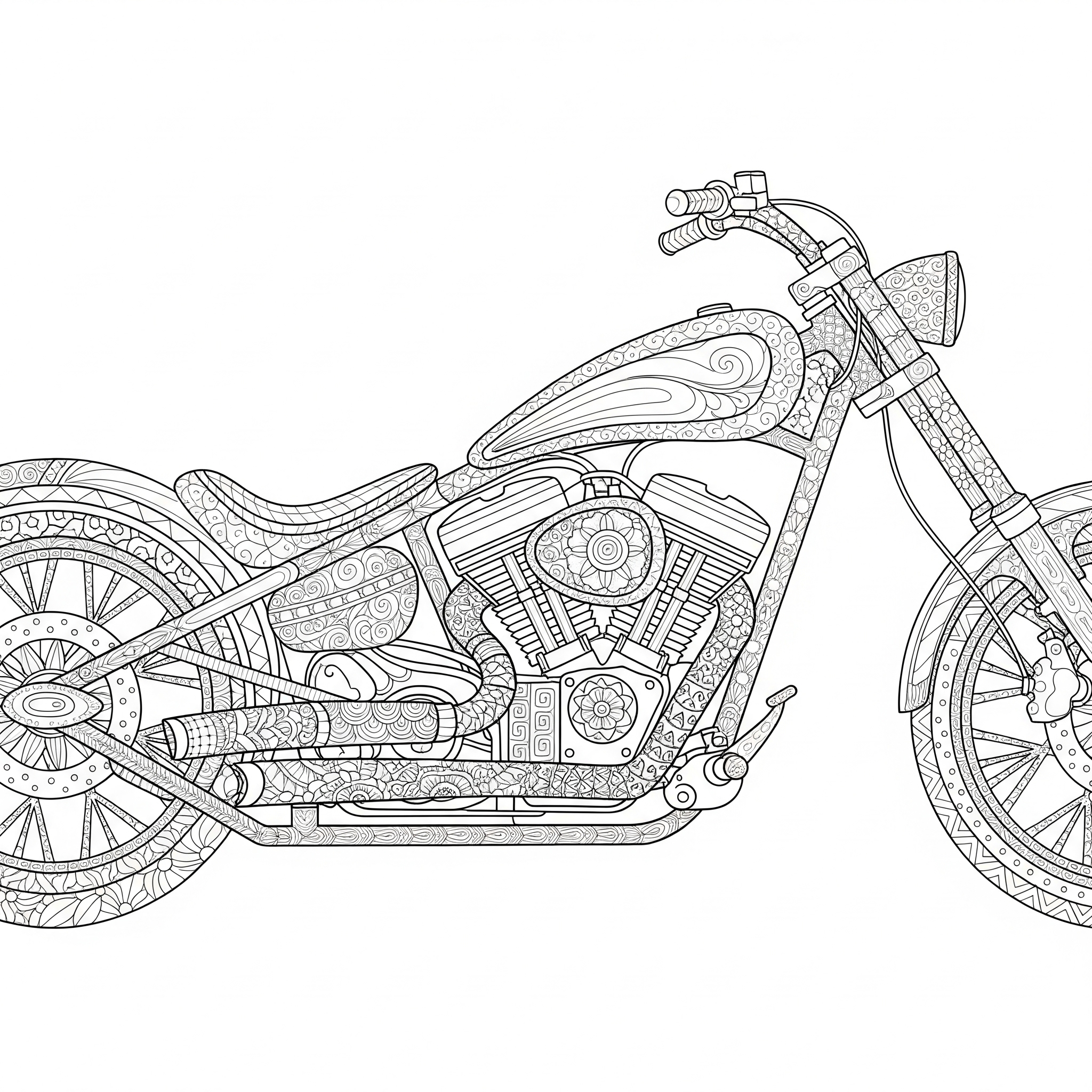 Motocicleta chopper con motor y partes mecánicas detalladas