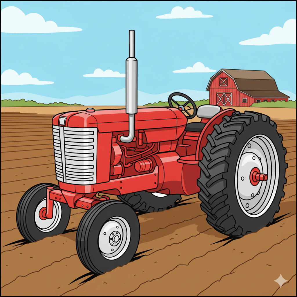Tractor coloreado de verde o rojo en un campo arado