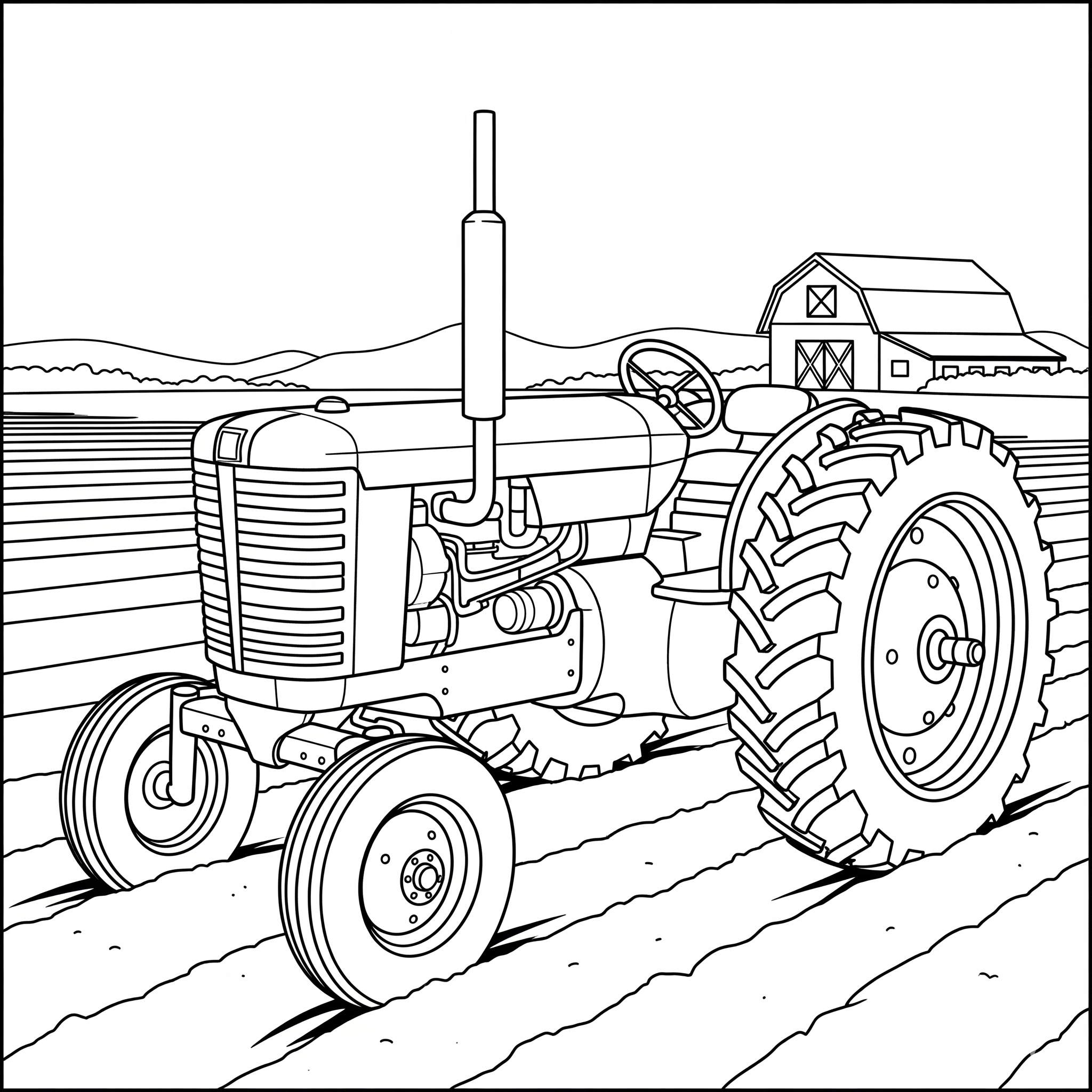 Tractor con grandes ruedas traseras en un campo, para colorear