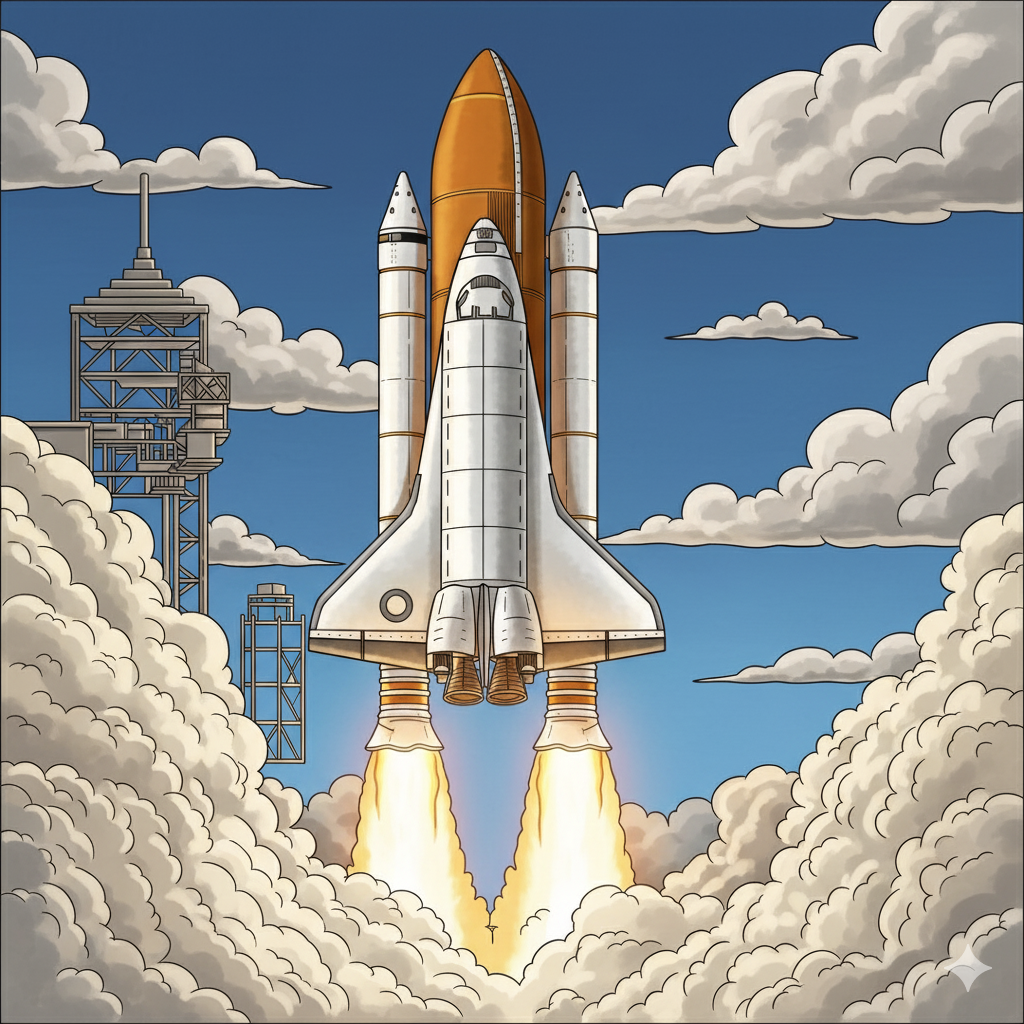 Transbordador espacial coloreado con llamas naranjas y amarillas