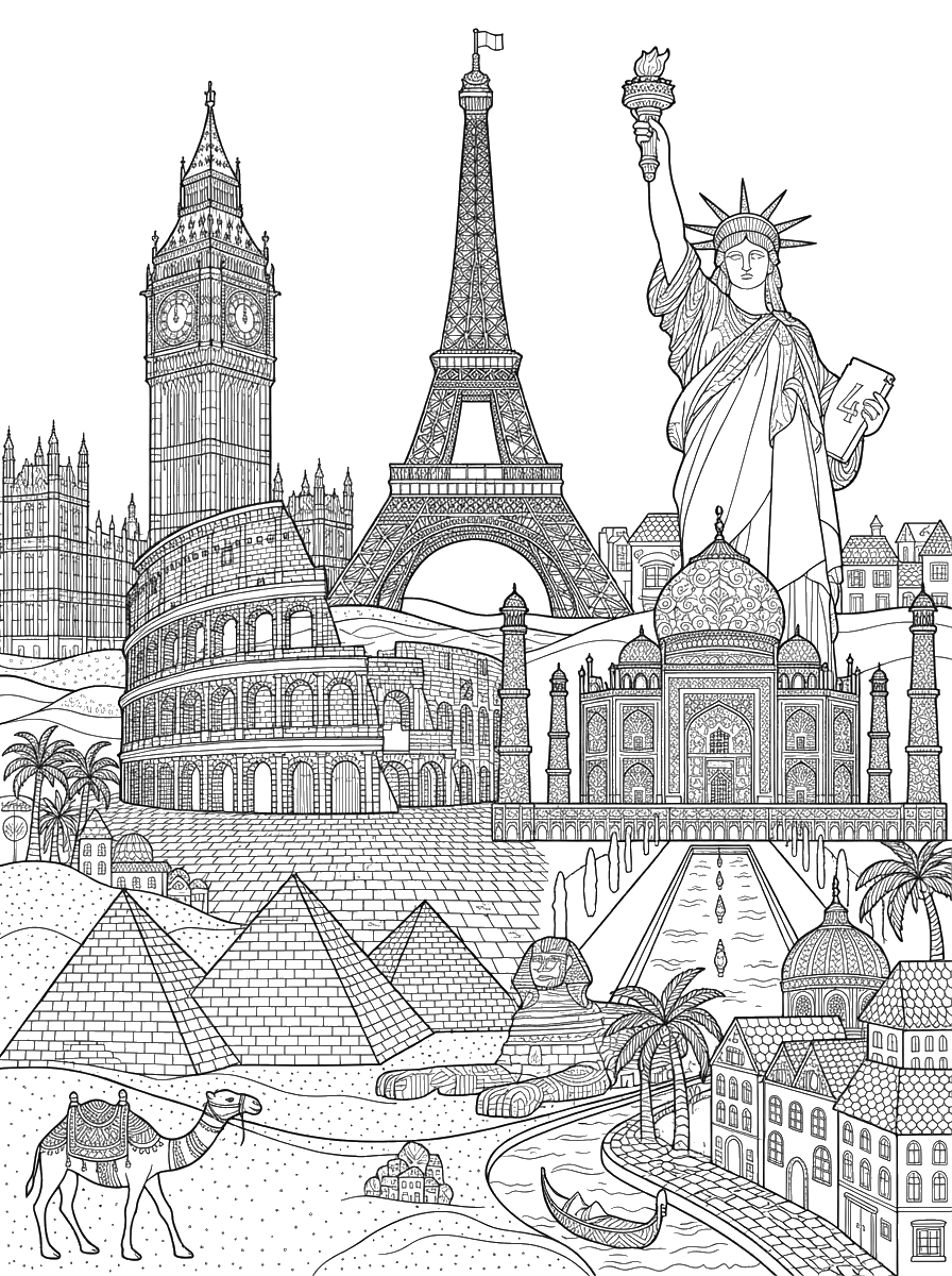 Famous Landmarks Collage coloring page