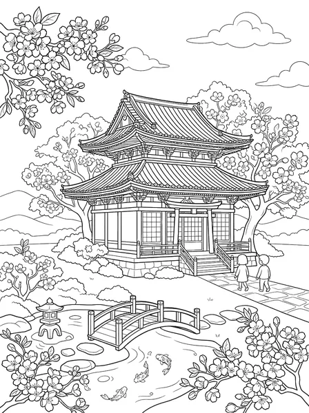 Japanese Temple with Cherry Blossoms