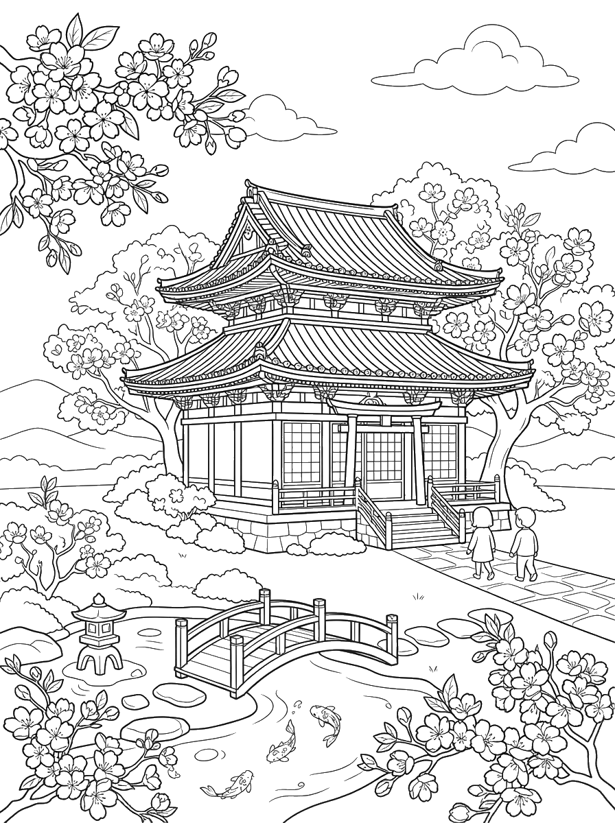 Japanese Temple with Cherry Blossoms coloring page