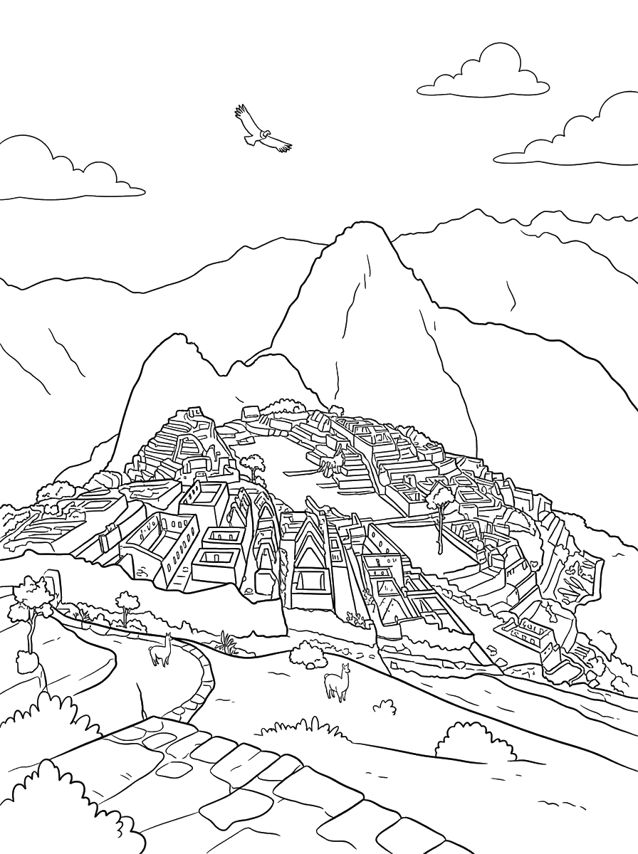 Machu Picchu in the Mountains coloring page