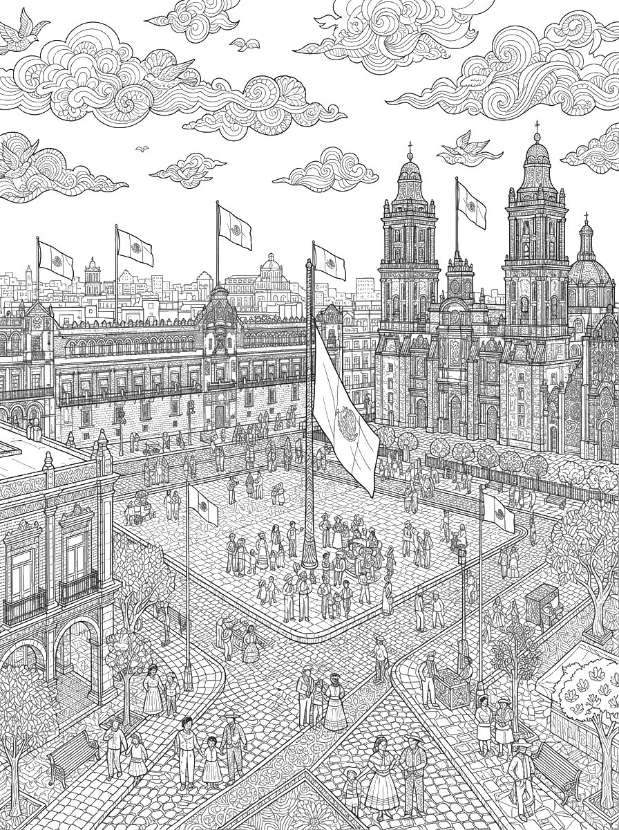 Mexico City Zocalo and Cathedral coloring page