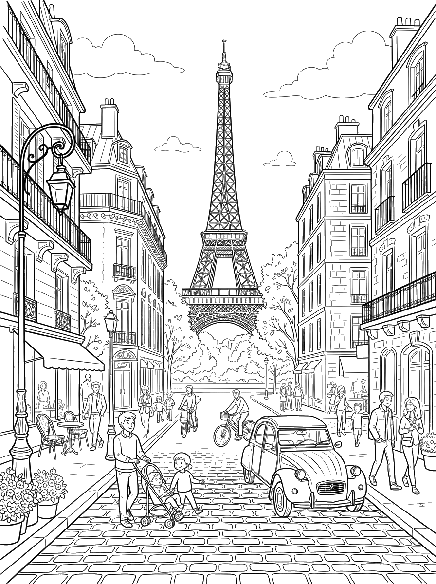 Paris Street with the Eiffel Tower coloring page