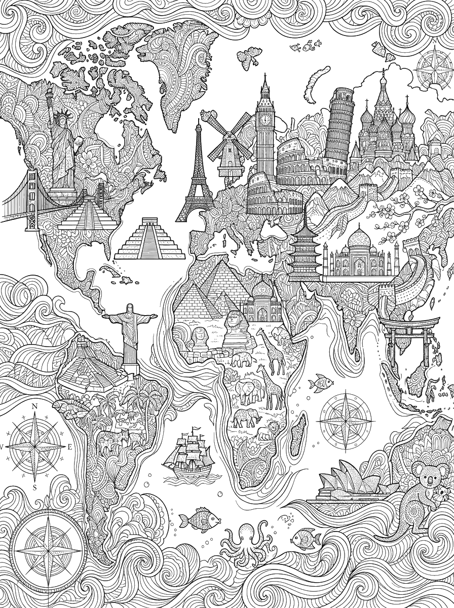 World Map of Landmarks coloring page